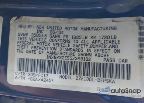 2005 Toyota Corolla S z USA, uszkodzony, nr VIN 1NXBR32E55Z369182